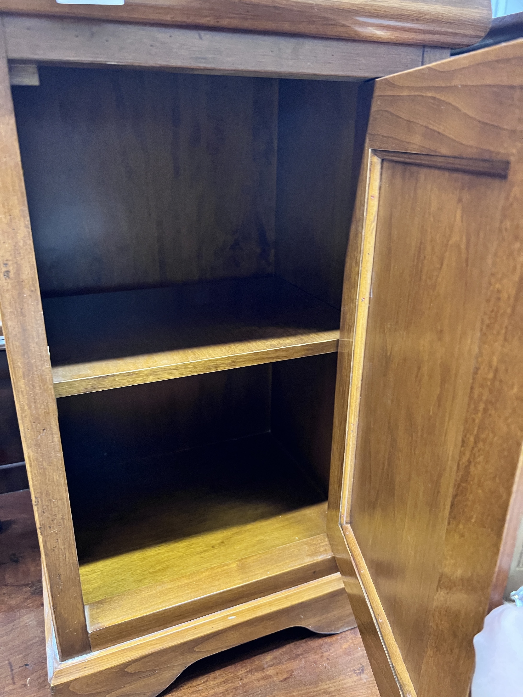 Two French cherrywood bedside tables, width 43 and 46cm, height 70 and 64cm